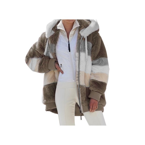 Seyurigaoka Women Contrast Color Hooded Coat Long Sleeve Zip-up Plush Tops