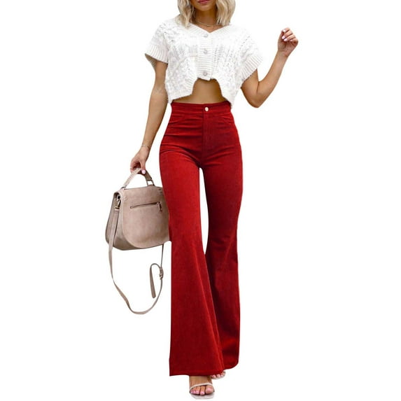 Seyurigaoka Women Corduroy Flared Pants Solid Color Casual Stretch High Waist Bootcut Bell Bottom Trousers Streetwear