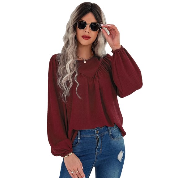 Seyurigaoka Women Elegant Casual Pullover Tops Solid Color Long Sleeve Round Neck Loose Sweater Shirts Blouse for Club Streetwear