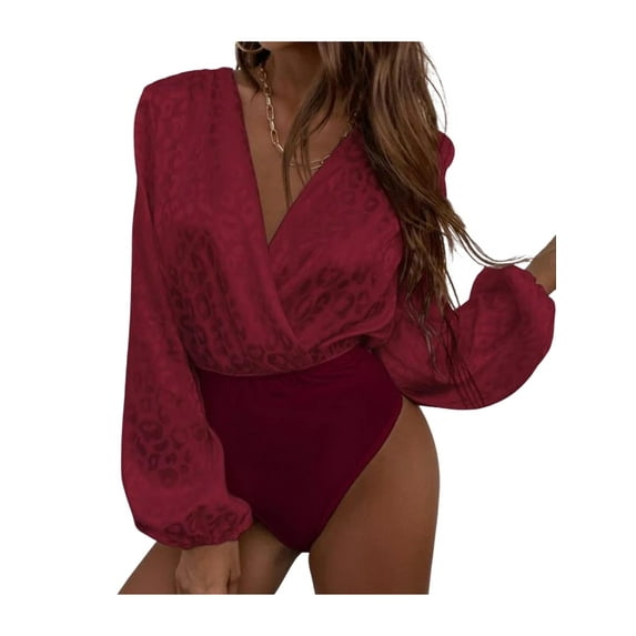 Seyurigaoka Women Fall Bodysuit, Leopard Print Patchwork Long Sleeve Tight Playsuit Tops for Ladies