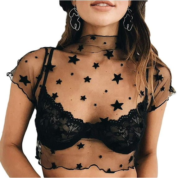 Seyurigaoka Women Fashion See through Stars Printed Transparent Sheer Mesh Long Sleeve T Shirt Tops