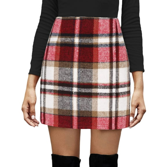 Seyurigaoka Women Juniors Bodycon Mini Skirt Classic Plaid Print High Waist Zip Up Wool Pencil Skirt for Teen Girls