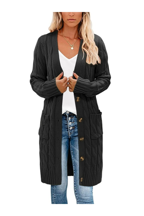 Women Juniors Cardigan, Solid Color Long Sleeve Sweater Coat with Pockets