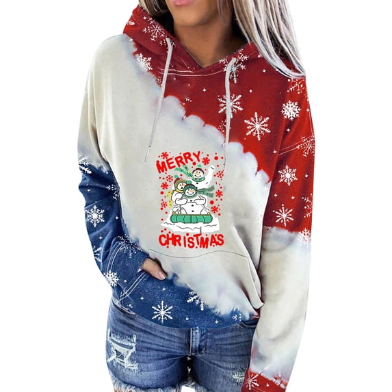 Seyurigaoka Women Juniors Christmas Hooded Sweatshirt Cartoon Print Long Sleeve Hoodies