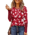 thumbnail image 1 of Seyurigaoka Women Juniors Christmas T-shirt Ribbed Knit V-neck Tops Quarter Button Shirt, 1 of 5