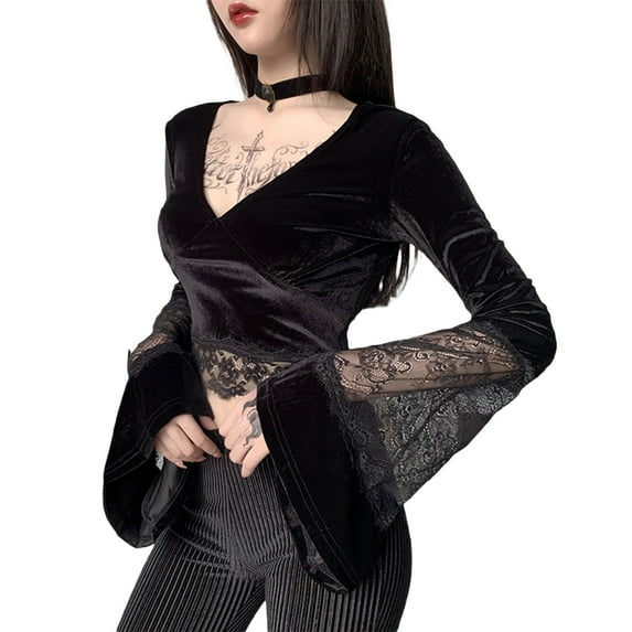 Seyurigaoka Women Juniors Crop Tops, Solid Color Lace Trim V-Neck Long Flare Sleeve Low-Cut Blouse