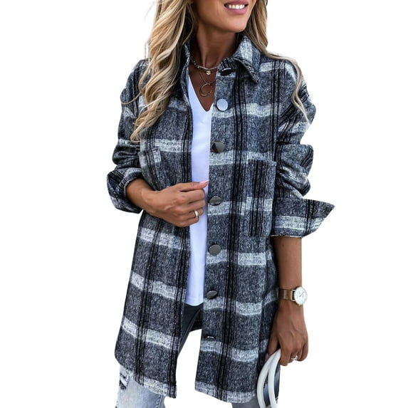 Seyurigaoka Women Juniors Plaid Cardigan, Single-breasted Long Sleeve Lapel Shirt with Pockets