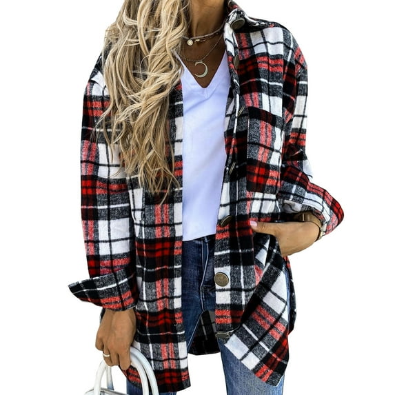 Seyurigaoka Women Juniors Plaid Cardigan, Single-breasted Long Sleeve Lapel Shirt with Pockets