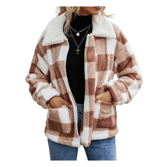 Seyurigaoka Women Juniors Shacket Coat for Winter, Plaid Printing Zipper Closure Fleece Coat