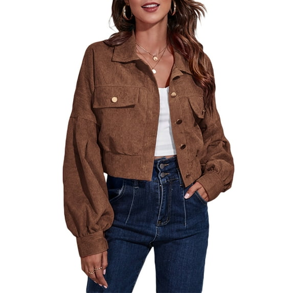 Seyurigaoka Women Juniors Shacket Corduroy Coat Solid Color Long Sleeve Button Down Short Jacket