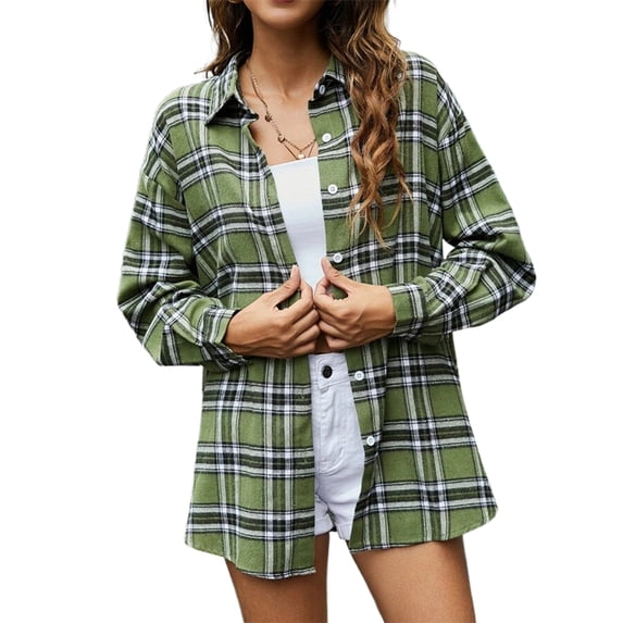 Seyurigaoka Women Juniors Shacket Long Sleeve Loose Shirt, Plaid Blouse Single-breasted Tops