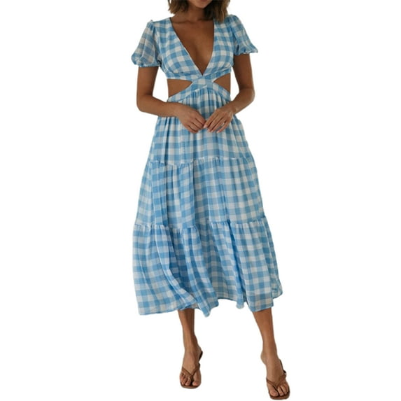 Seyurigaoka Women Juniors Short Sleeve A-line Dress, Fashion Plaid V-neck Tie-up Backless Mid-length Dress