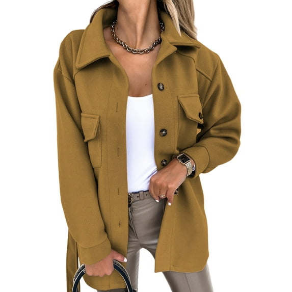 Seyurigaoka Women Juniors Single Breasted Solid Color Lapel Trench Coat with Pockets, Belts