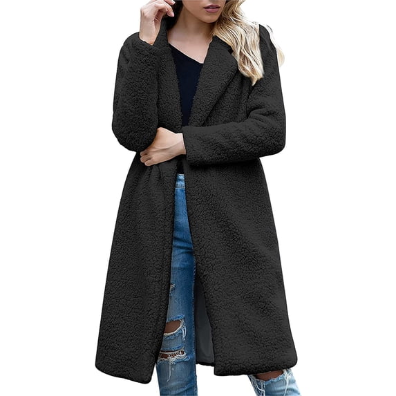 Seyurigaoka Women Juniors Solid Color Overcoat, Lapel Collar Plush Inner Shank Long Coat for Winter