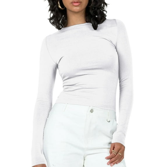 Seyurigaoka Women Juniors Spring Autumn Crop Tops Solid Color Long Sleeve O Neck Slim Fit Streetwear T-shirt for Teen Girls