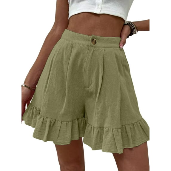 Seyurigaoka Women Juniors Summer Casual Shorts, Solid Color High Waist Wide-leg Pants with Ruffled Hem