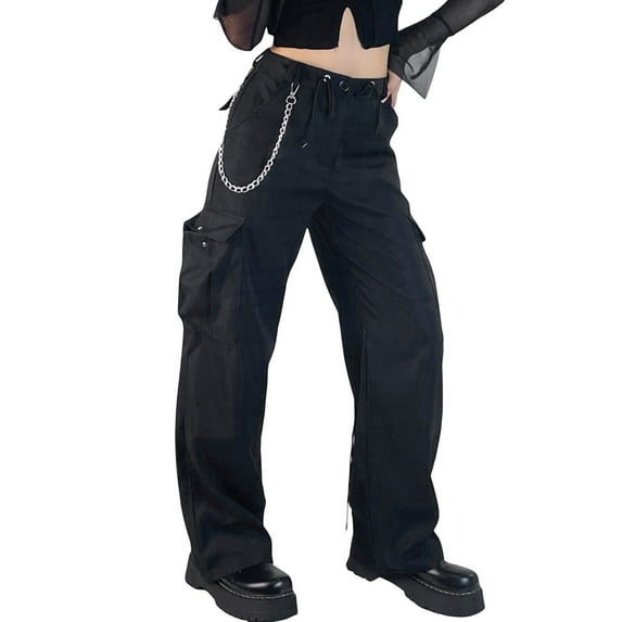 Seyurigaoka Women Juniors Wild Cargo Trousers Solid Color Drawstring Tie-Up Straight Pants Spring Autumn Casual Pockets Slacks