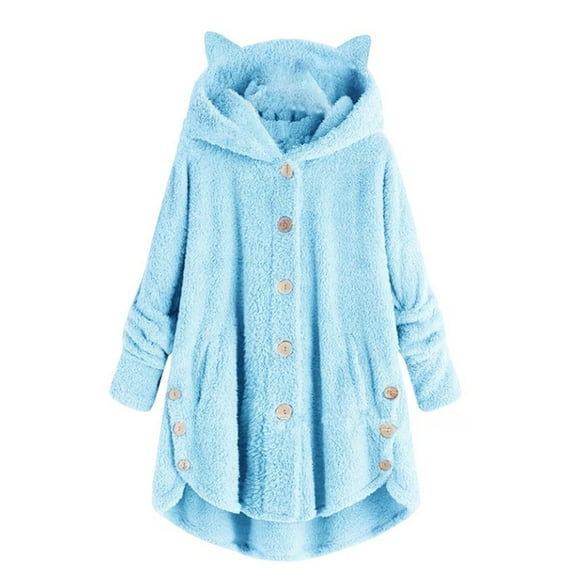 Seyurigaoka Women Juniors Winter Hoodie, Oversized Fleece Cat Ears Hooded Long Sleeve Button-Down Coat