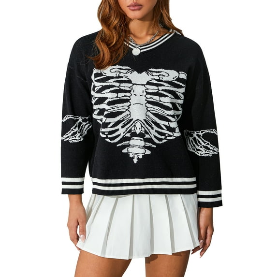 Seyurigaoka Women Knitting Tops V Neck Long Sleeve Skull Print Casual Party Street Fall Spring Pullover