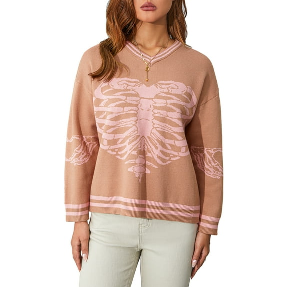 Seyurigaoka Women Knitting Tops V Neck Long Sleeve Skull Print Casual Party Street Fall Spring Pullover