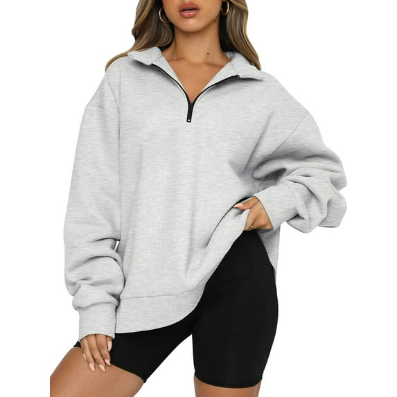 Seyurigaoka Women Quarter Zip Sweatshirts Solid Color Basic Shirts Loose Casual Long Sleeve Pullover Tops Autumn Streetwear