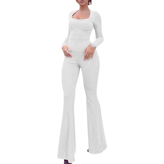 Seyurigaoka Women Ribbed Long Sleeve One Piece Jumpsuit Full Bodysuit Square Neck Workout Sport Flare Leggings Yoga Romper Pants Streetwear