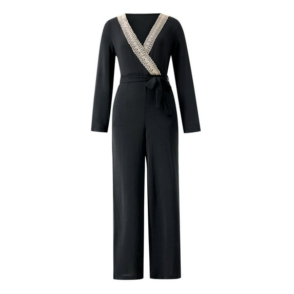 Seyurigaoka Women Romper Pants Long Sleeve V Neck High Waist Patchwork Loose Long Trousers Jumpsuit with Belt