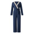 thumbnail image 1 of Seyurigaoka Women Romper Pants Long Sleeve V Neck High Waist Patchwork Loose Long Trousers Jumpsuit with Belt, 1 of 9