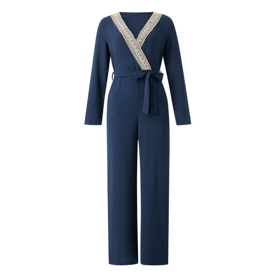 Seyurigaoka Women Romper Pants Long Sleeve V Neck High Waist Patchwork Loose Long Trousers Jumpsuit with Belt