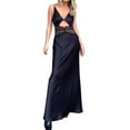 thumbnail image 1 of Seyurigaoka Women Satin Long Slip Dress Elegant Solid Color Lace Patchwork Low Cut Hollow Sleeveless Backless Skirt Party Dress, 1 of 6