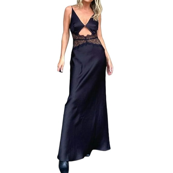 Seyurigaoka Women Satin Long Slip Dress Elegant Solid Color Lace Patchwork Low Cut Hollow Sleeveless Backless Skirt Party Dress