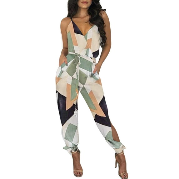 Seyurigaoka Women Sexy Jumpsuit Printed Pattern Deep V-neck Sleeveless Overalls