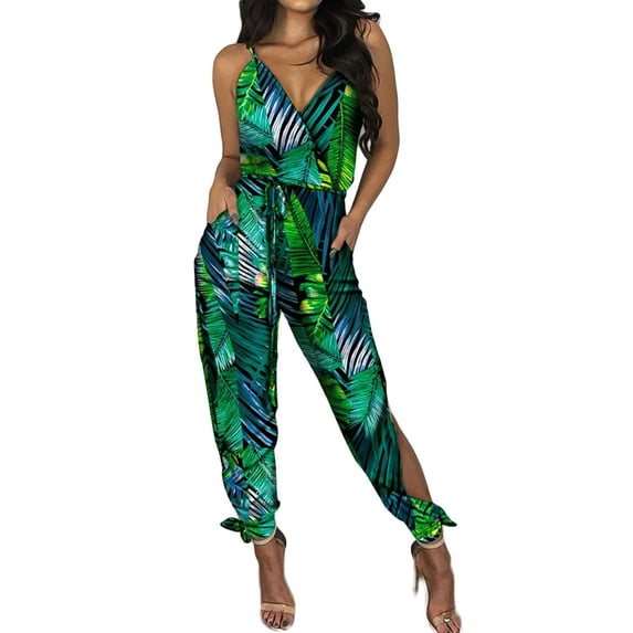 Seyurigaoka Women Sexy Jumpsuit Printed Pattern Deep V-neck Sleeveless Overalls