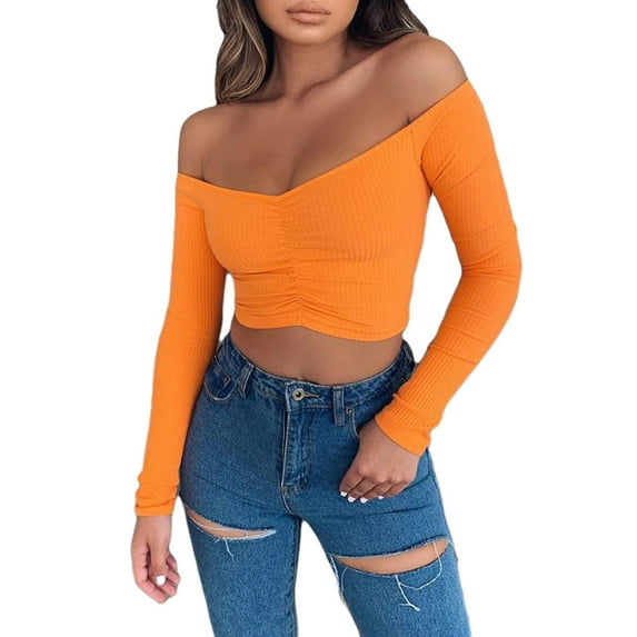 Seyurigaoka Women Sexy Off Shoulder T-Shirt Long Sleeves Ribbed Knit Blouse