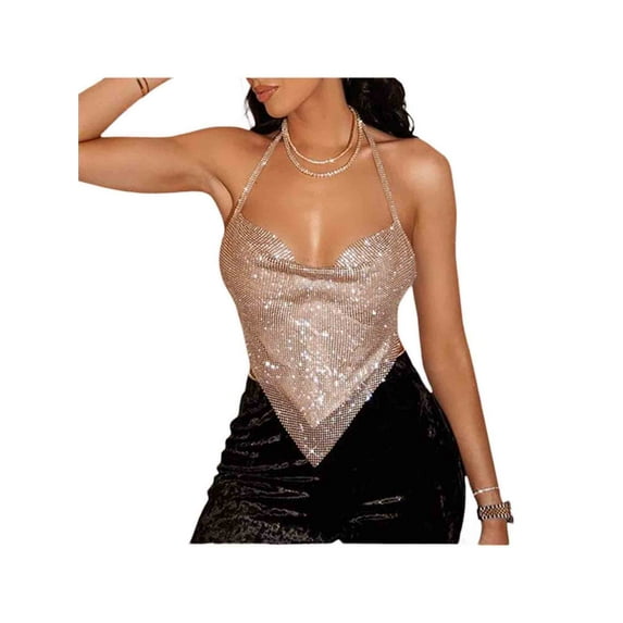 Seyurigaoka Women Sexy Sparkly Rhinestone Glitter Tank Tops Deep V Neck Chain Crop Tops Shirts for Night Club Party Rave Outfit