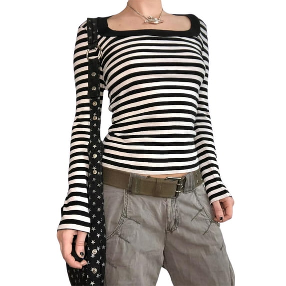 Seyurigaoka Women Short T-shirt, Adults Casual Striped Print Square Collar Long Sleeve Pullover
