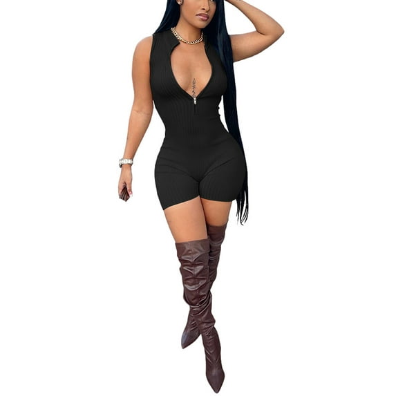 Seyurigaoka Women Sleeveless Straight-Legged Short Bodysuit, Solid Color Ribbed Front Half Zipper Slim Fit Jumpsuit Clubwear