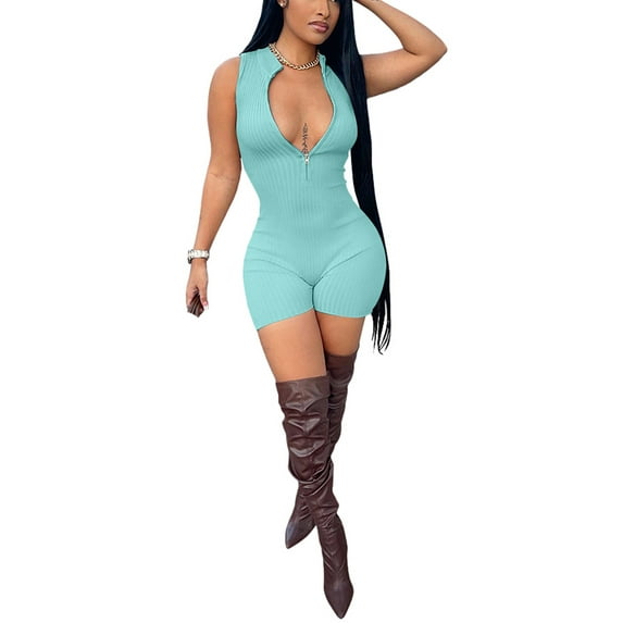 Seyurigaoka Women Sleeveless Straight-Legged Short Bodysuit, Solid Color Ribbed Front Half Zipper Slim Fit Jumpsuit Clubwear
