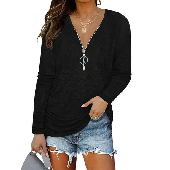 Seyurigaoka Women Slim Fit T-Shirts Solid Color V-Neck Long Sleeve Zipper-Up Front Ruched Shirts Spring Autumn Casual Tops