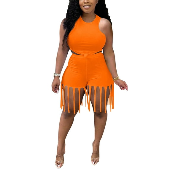 Seyurigaoka Women Solid Color Clothes Set Knot Cropped Tops+Shorts with Tassels