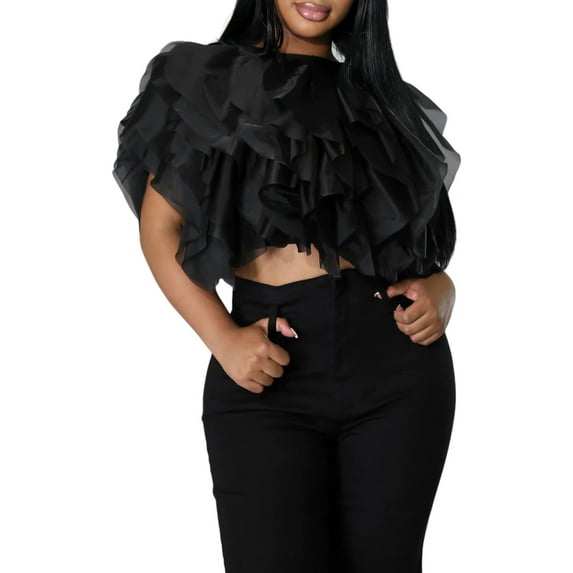 Seyurigaoka Women Solid Color Crop Tops Layered Ruffles Petal Vest Crew Neck Sleeveless Chiffon Shirts Summer Casual Short Tops for Party Club