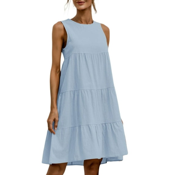 Seyurigaoka Women Solid Color Dress, Street Style Round Neck Sleeveless Back Button One-Piece Dress