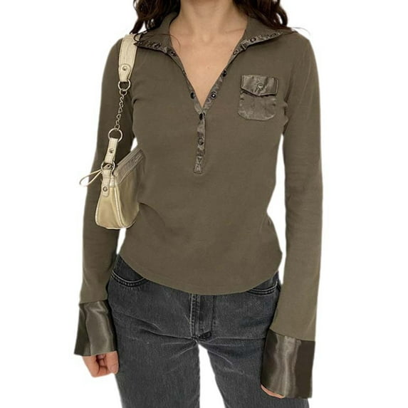 Seyurigaoka Women Spring Autumn Casual T-shirts Tops With Pockets Satin Patchwork Lapel Buttons Long Sleeve Tees Shirts