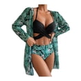 thumbnail image 1 of Seyurigaoka Women Summer 3Pcs Bikini Swimsuit Set , Halter Cross Wrap Swim Tops + Floral Leaf Print Panty + Cover-up Cardigan, 1 of 7