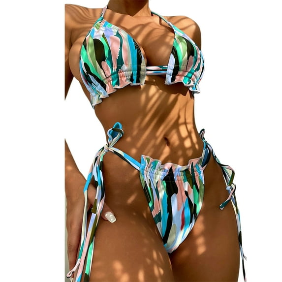 Seyurigaoka Women Summer Bikini Swimsuit, Color Contrast Print Ruffled Bandage Halter Bra + Print Triangle Panties