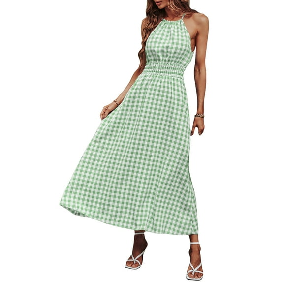 Seyurigaoka Women Summer Casual Beachwear Dress, Plaid Print Elastic Waist Slim Fit Sleeveless Sling Long Dress