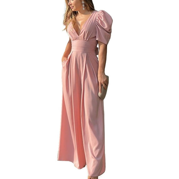 Seyurigaoka Women Summer Elegant Backless Jumpsuit, Puff Sleeve V-neck Hollowed Waist Tie Solid Wide Leg Pants Party Clubwear