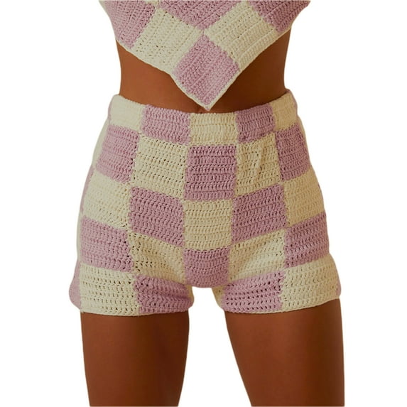 Seyurigaoka Women Summer Fashion Wild Knitted Shorts Contrast Color/Plaid/Stripe High Elastic Waist Short Pants Crochet Shorts