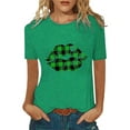 thumbnail image 1 of Seyurigaoka Women Summer Round Neck T-shirt, Plus Size Green Clover/ Letters/ Gnome Print Short Sleeve Tops, 1 of 7