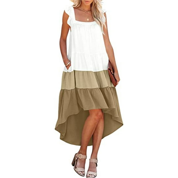 Seyurigaoka Women Summer Ruffled Sleeve Dress, Contrast Color/Solid Color Square Neck Irregular Hem Dress for Beach, Date